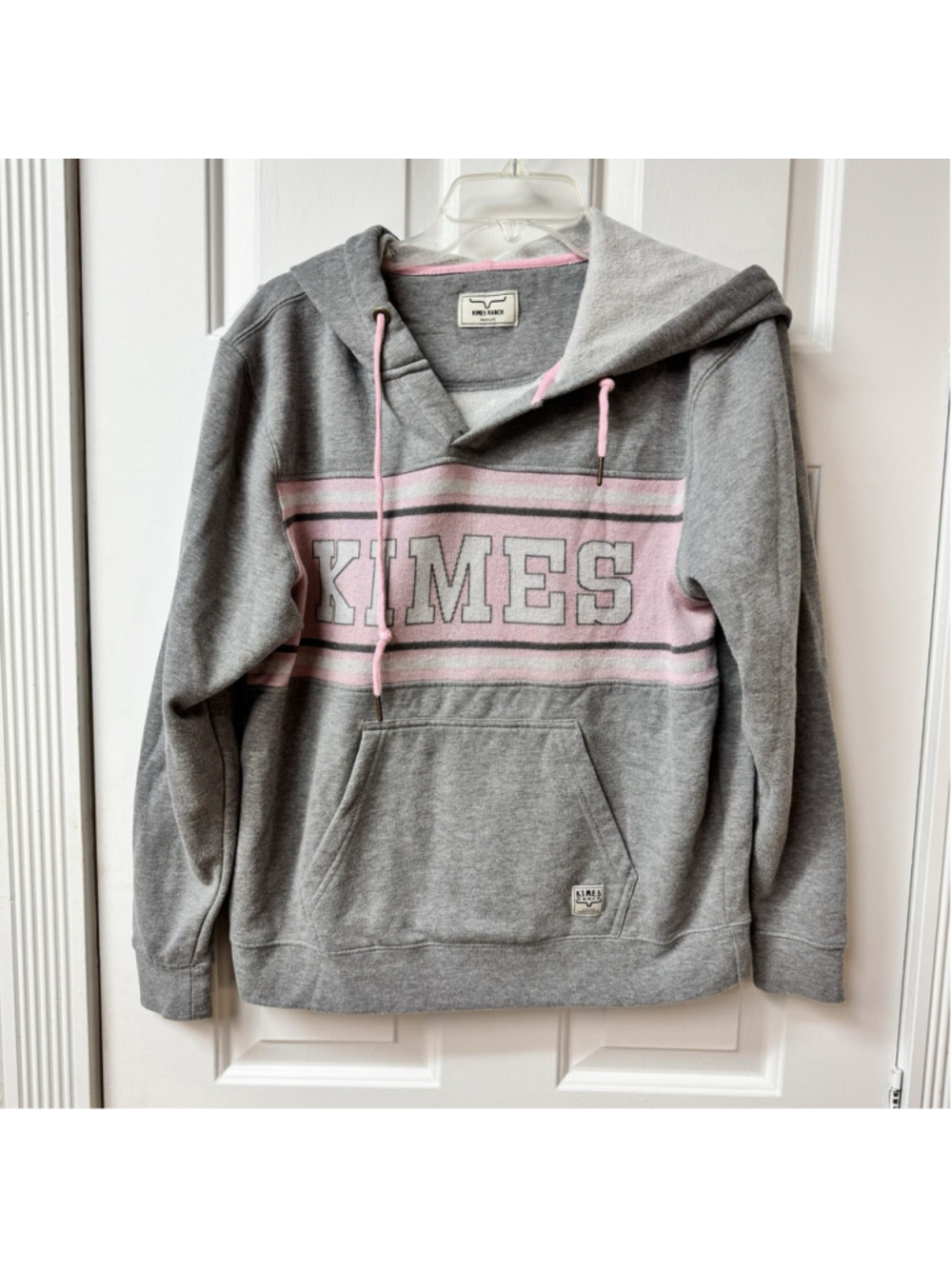 Kimes Ranch Women's Grey/Pink Hoodie Sweatshirt Size Medium Long Sleeve Pullover